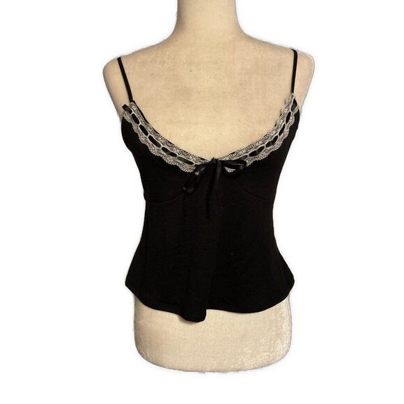 Windsor Black White Lace Trim V Neck Cami Tank Top Large - Picture 1 of 3